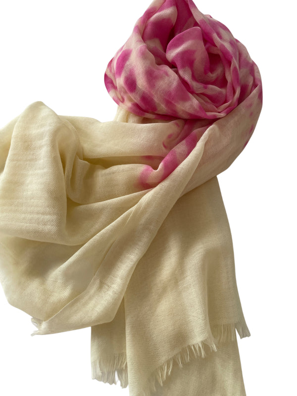 CASHMERE SCARF TIE DYE ZIGZAG, VANILLE/PINK