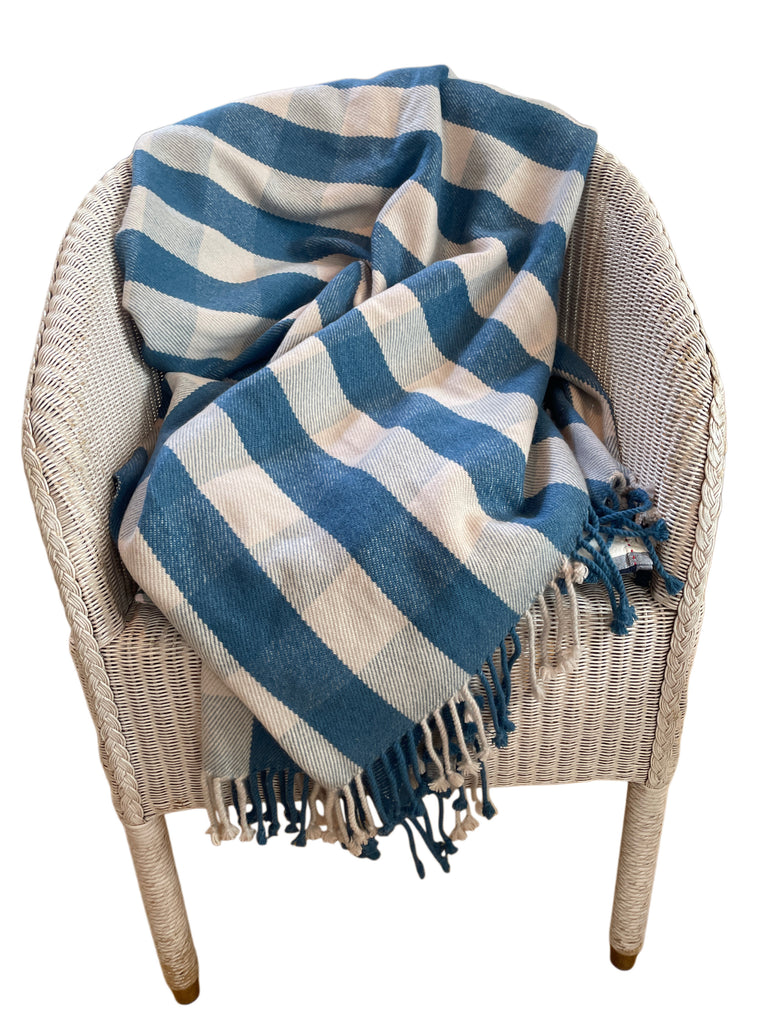 CARO DECKE, 100% CASHMERE, BLAU/BEIGE